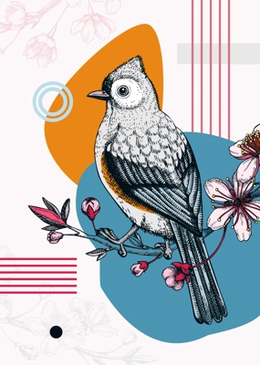 Collage-style bird card. Sketched Tufted titmouse on cherry trendy poster. Creative designs with botanical illustrations, geometric shapes, and abstract elements for nature print, wall art, packaging.